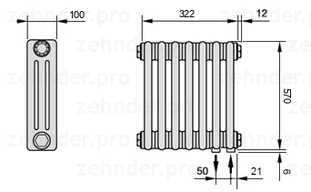 Схема (чертеж) Радиатор Zehnder Charleston 3057/7 №5510 Белый глянцевый RAL 9016